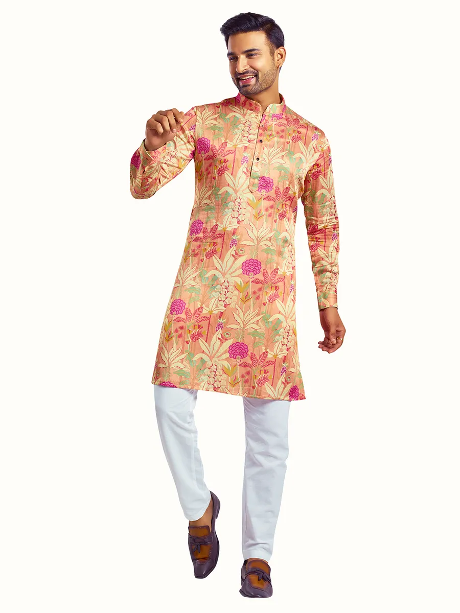 Attractive printed peach silk Men Kurta pajama