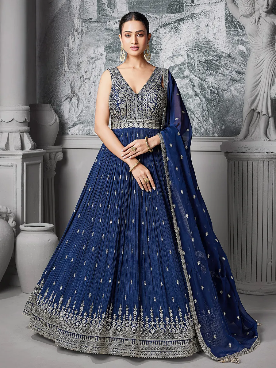 long blue gingham dress Classy Navy Blue Color Georgette Unstitched Pakistani Palazzo Suit –  fashionnaari