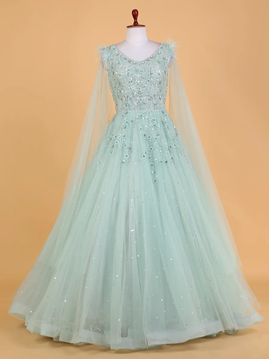 Sky blue net gown cheap