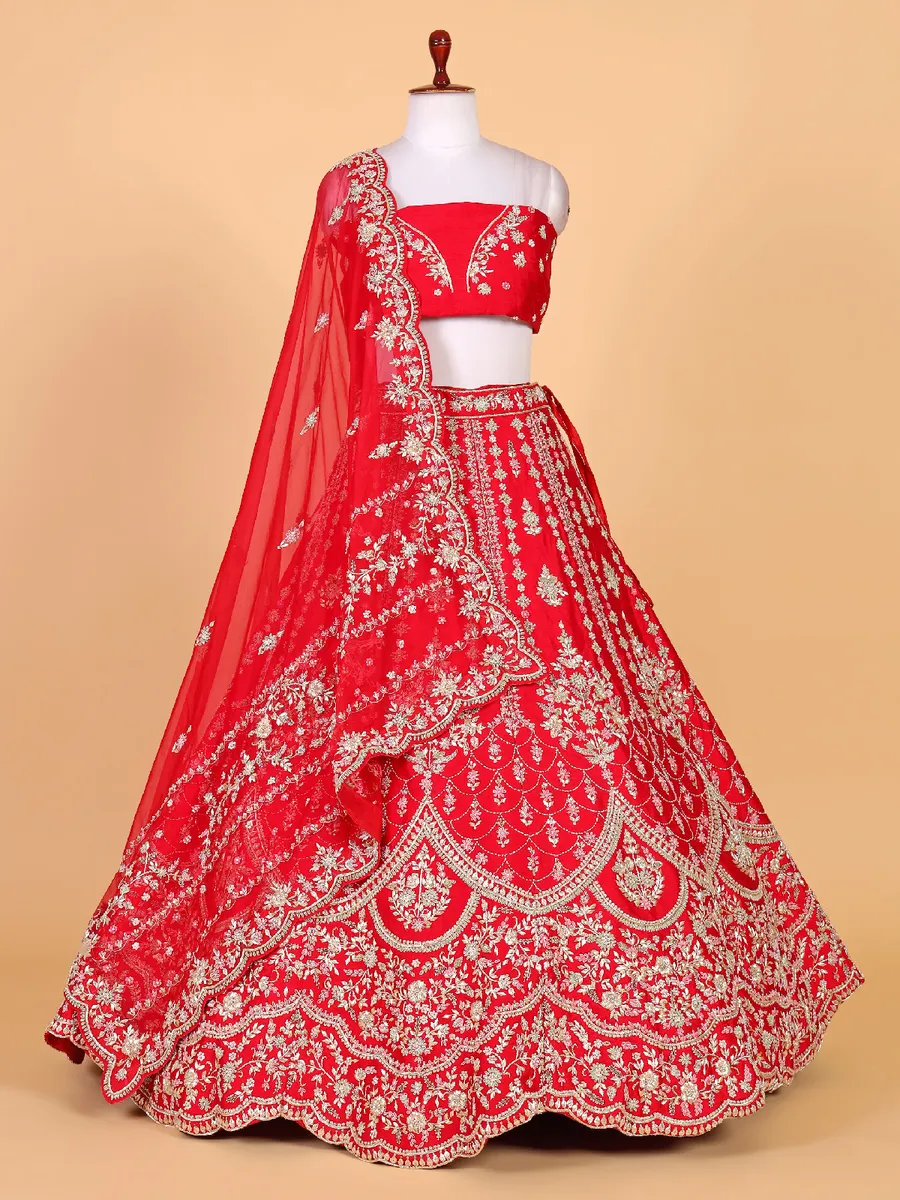 Red silk bridal lehenga online