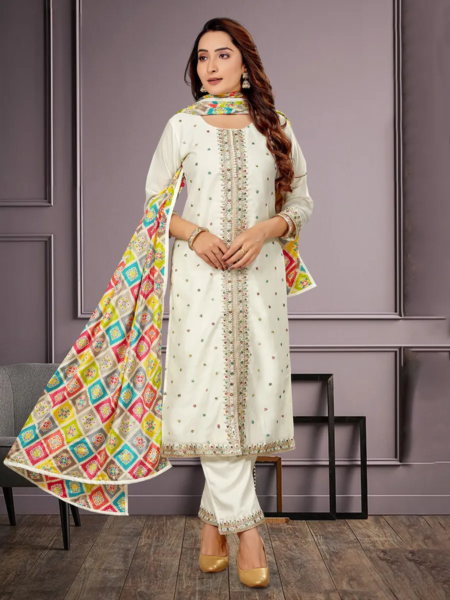 White salwar suit with multicolor dupatta best sale