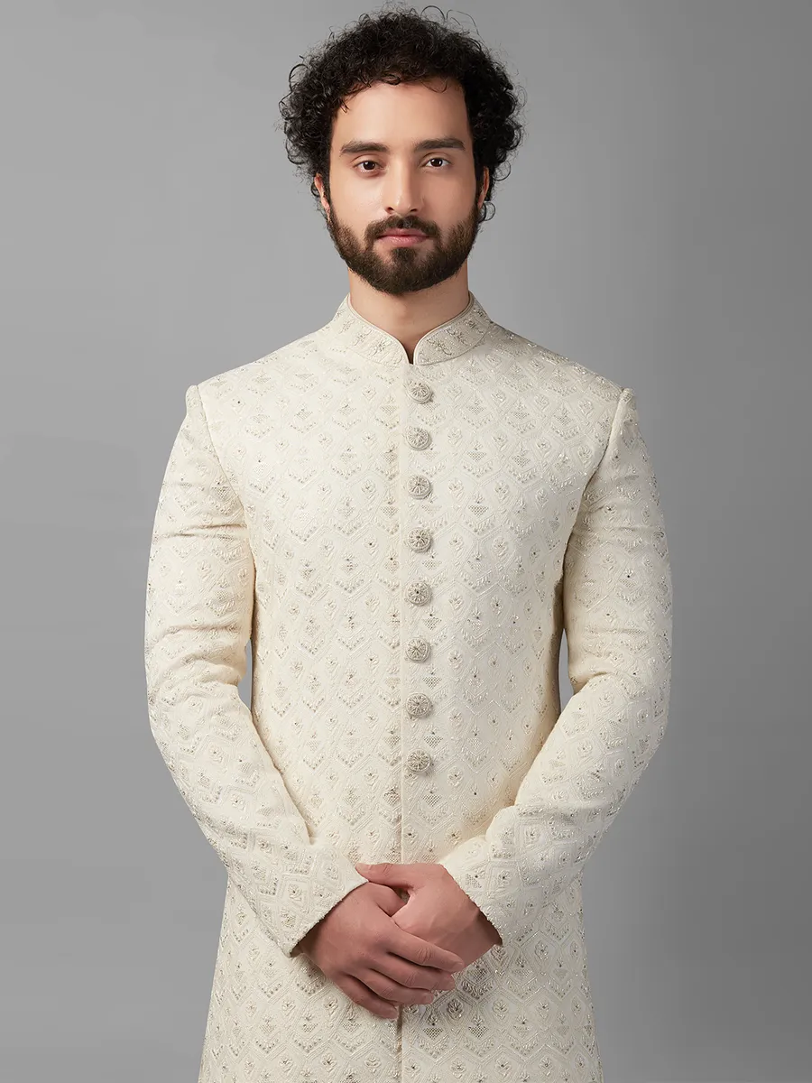 Off white silk sherwani for weddings G3 MSH7997