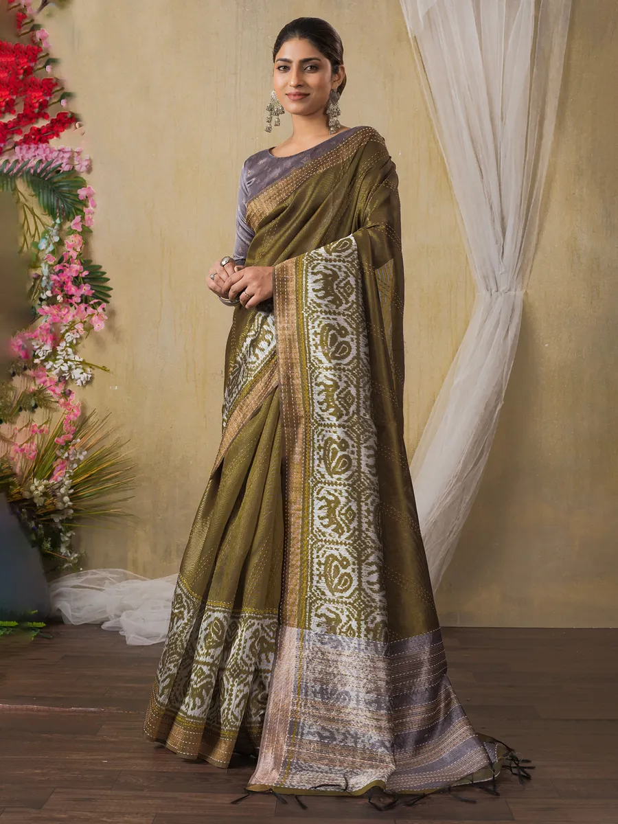 Pastel olive shynthetics printed saree for festive