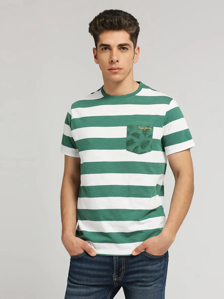 Jeans with green stripe top