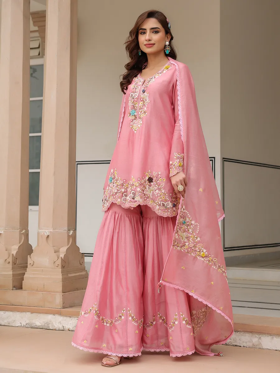 strapless open back dress Gown Georgette Silk Hot Pink Embroidered Gown – Kajols main image 0