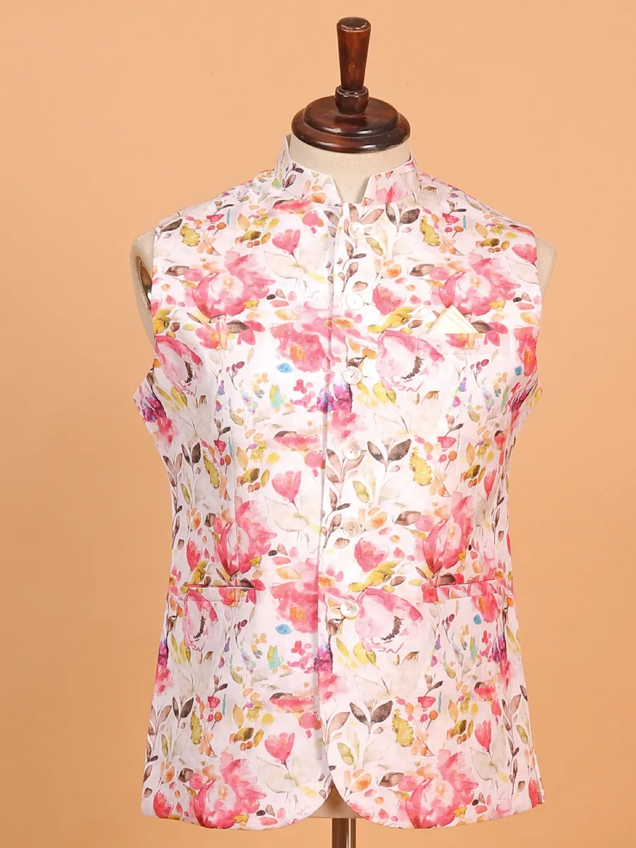 Pink floral printed waist coat for men
