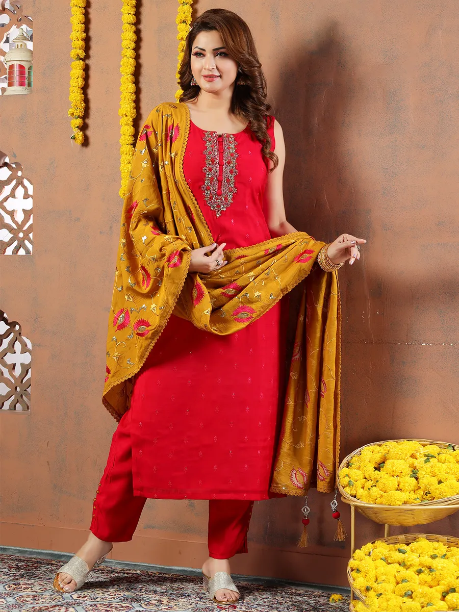 Silk red salwar suit with dupatta G3 WSS40553
