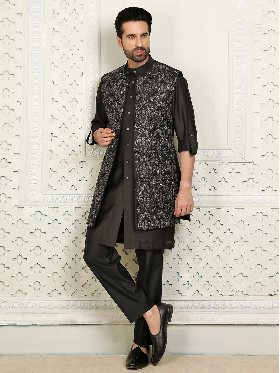 Silk Wedding Wear Waistcoat Set In Black For Men