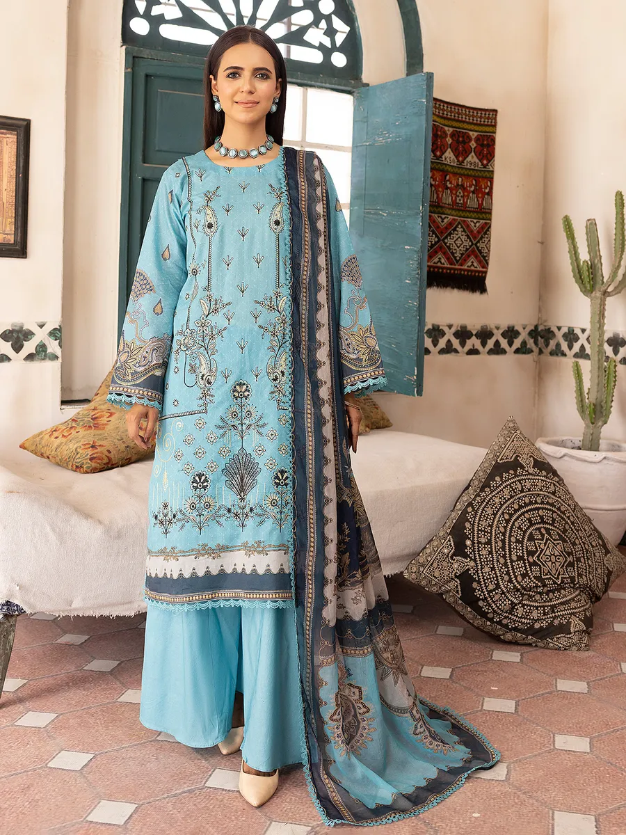 Sky blue printed cotton palazzo suit G3 WSS41337