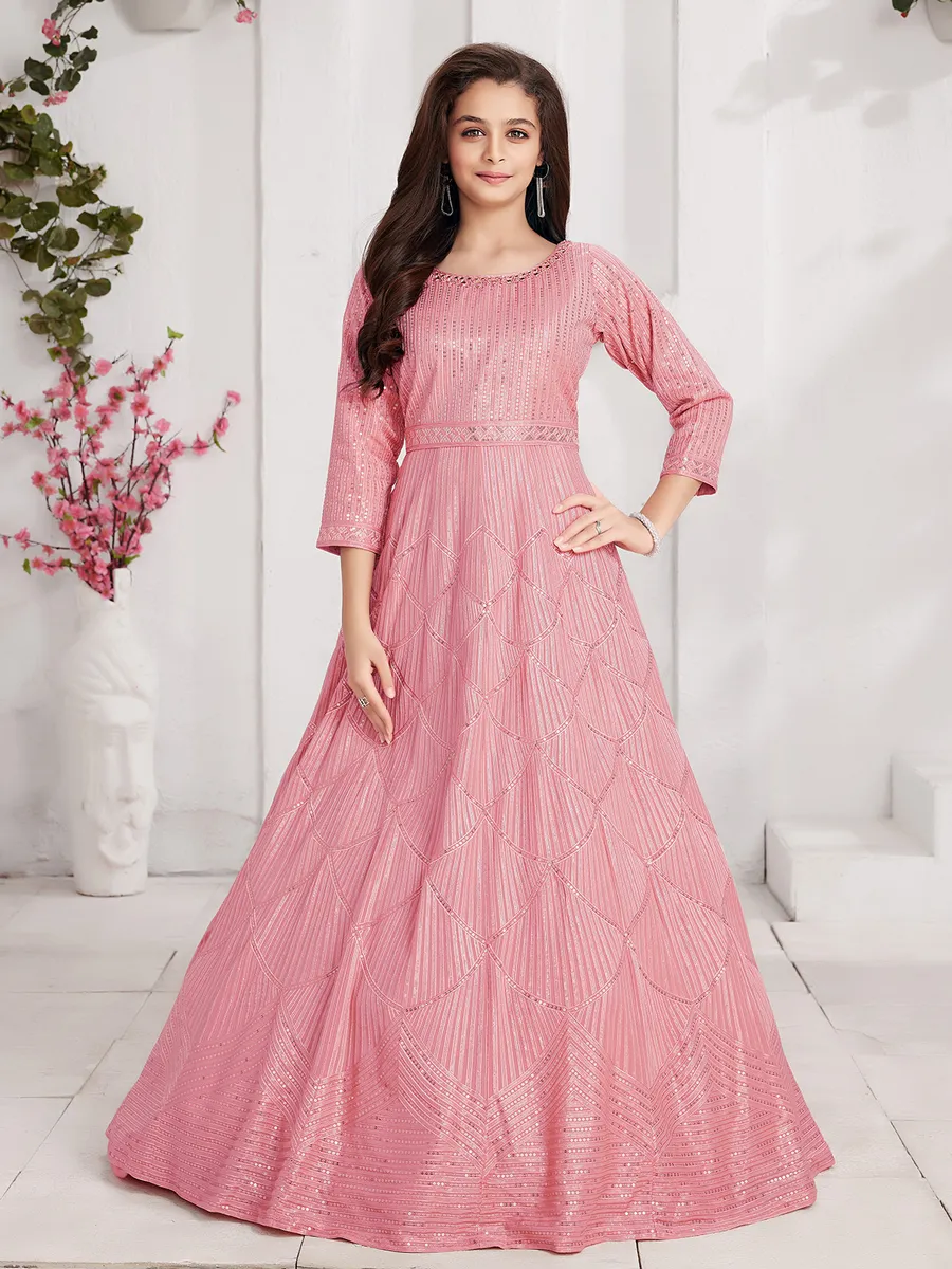 dusty pink indian dress Pastel Pink Gown With Dupatta- Indian Clothing in Denver, CO and Aurora, CO- India Fashion X 4XL main image 0