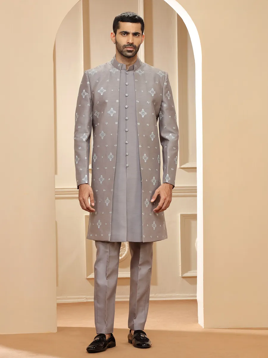 Stunning grey raw silk indowestern
