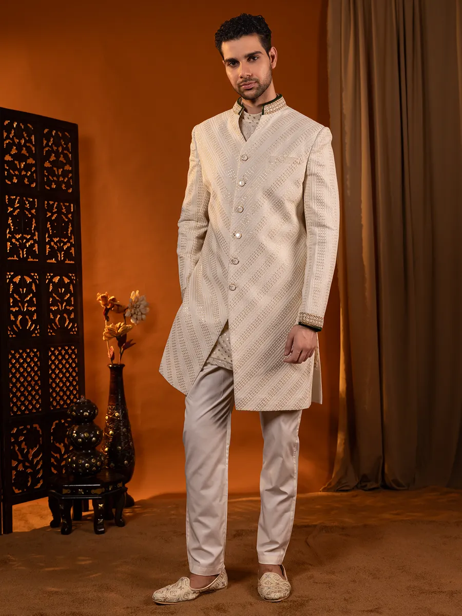 Stylish cream cotton silk sherwani for men