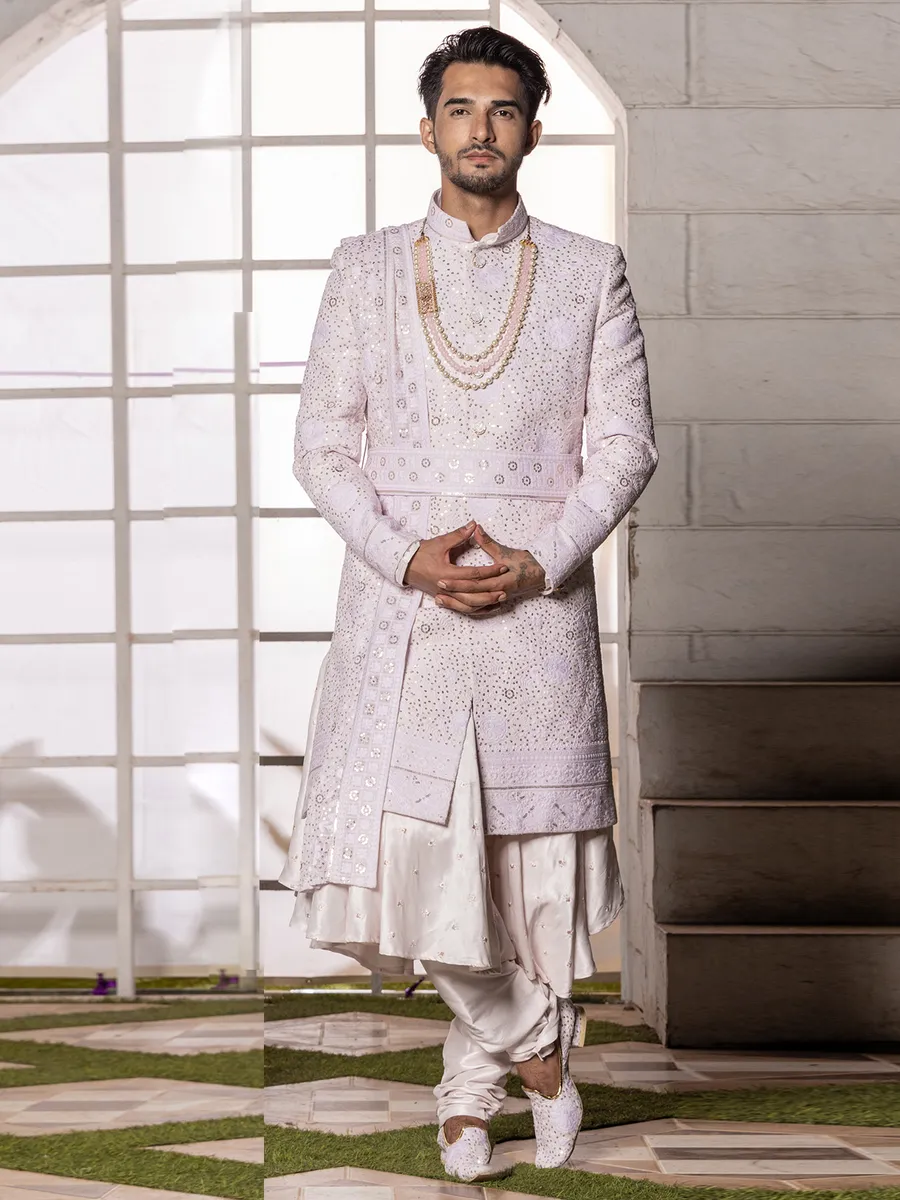 Trendy lilac purple silk sherwani for groom G3 MSH7244