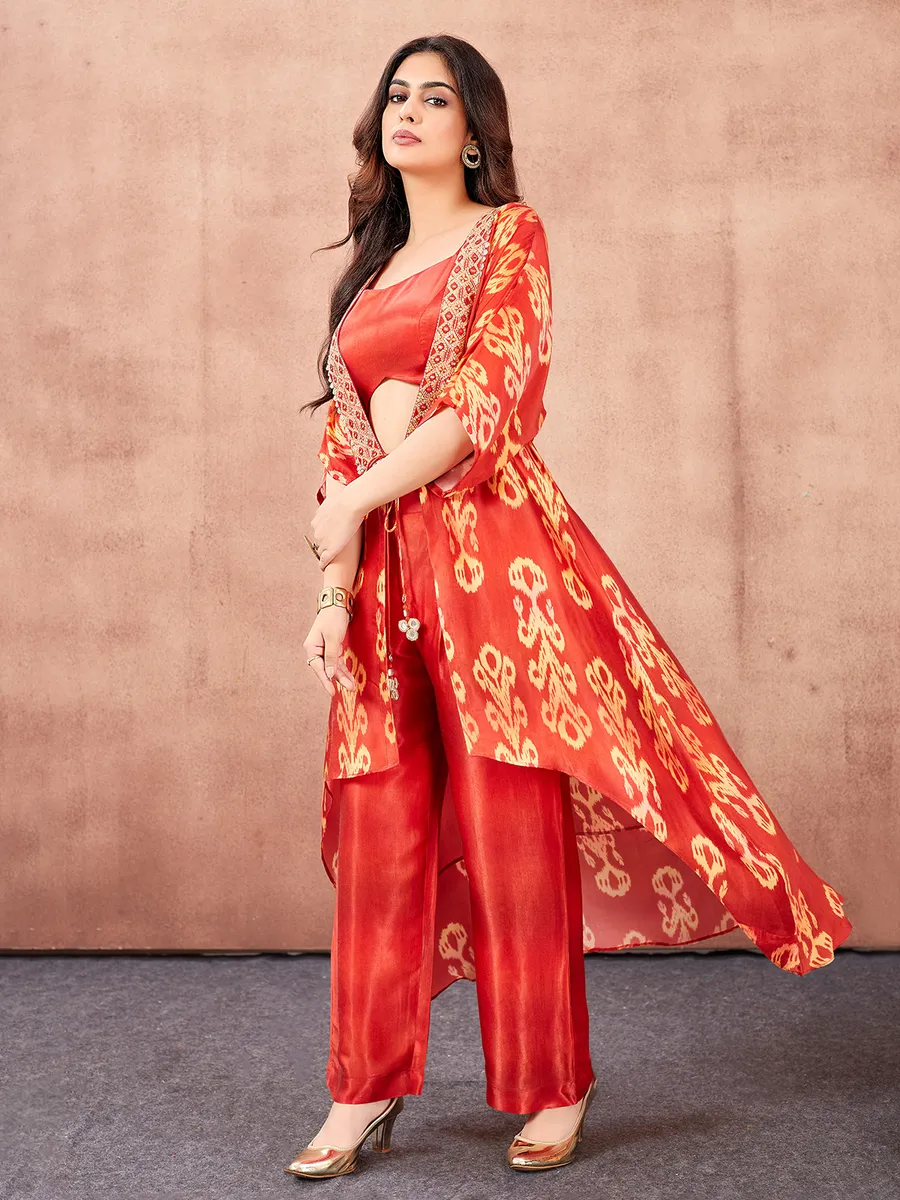 Trendy red silk jacket style salwar suit