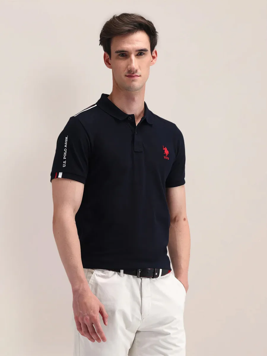 U S POLO ASSN plain black cotton slim fit t shirt with polo neck