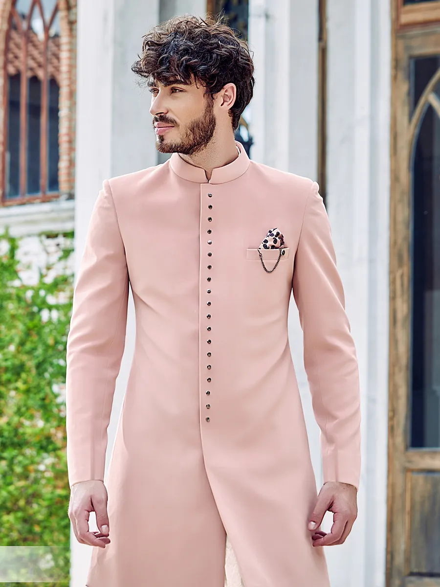 Pink Indo Western Dress For Engagement For Groom Wedding Wear Plain Pink  Terry Rayon Indowestern