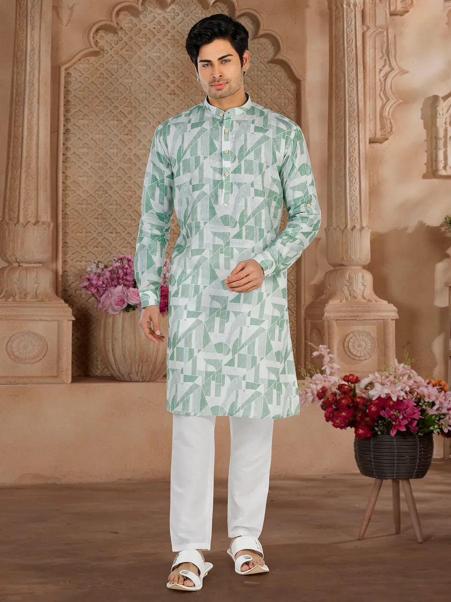 White and green printed Men Kurta pajama in cotton