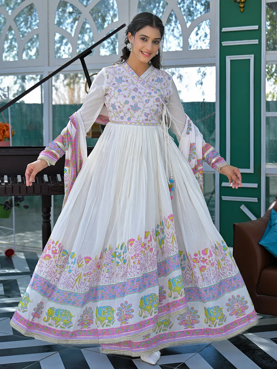 White and purple cotton linen printed anarkali festive...