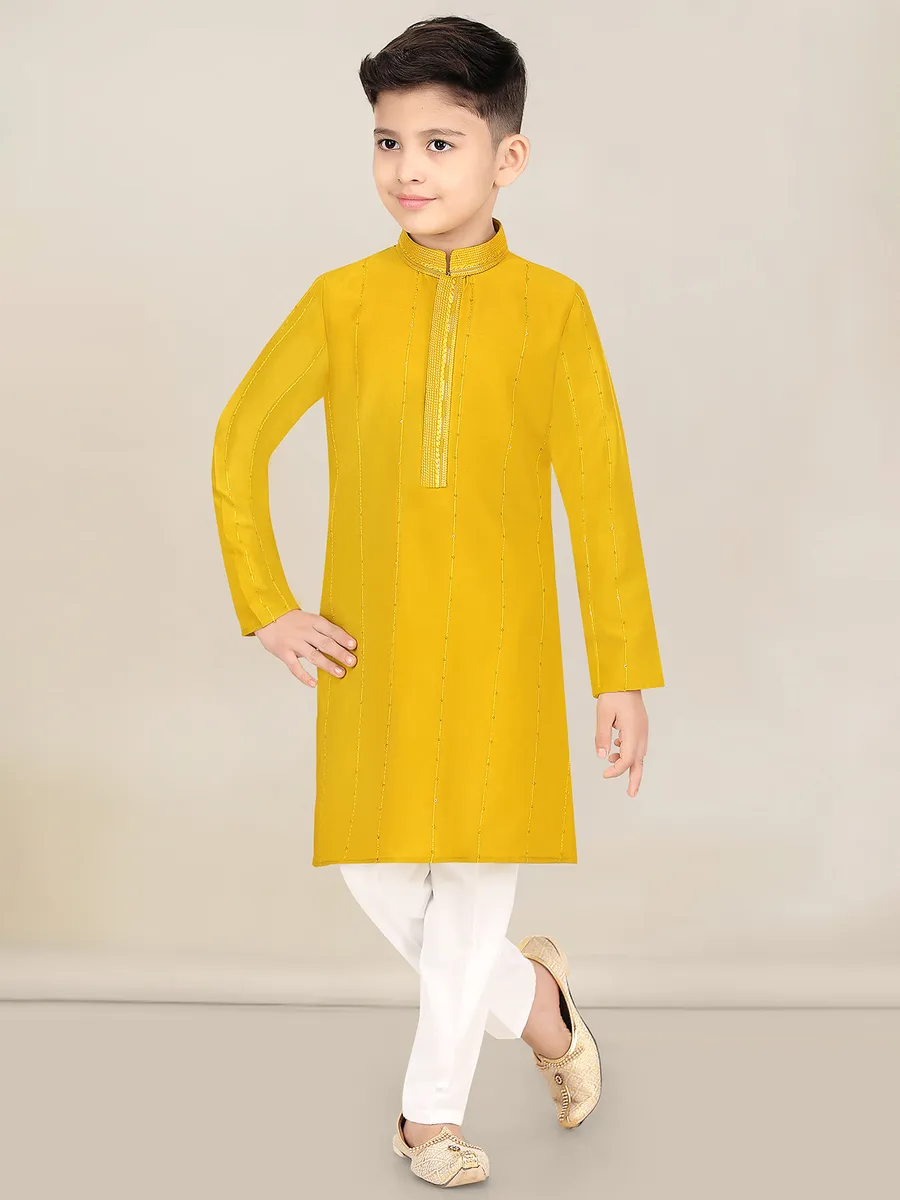 Yellow cotton silk haldi special kurta suit for boys-G3-BKS2553