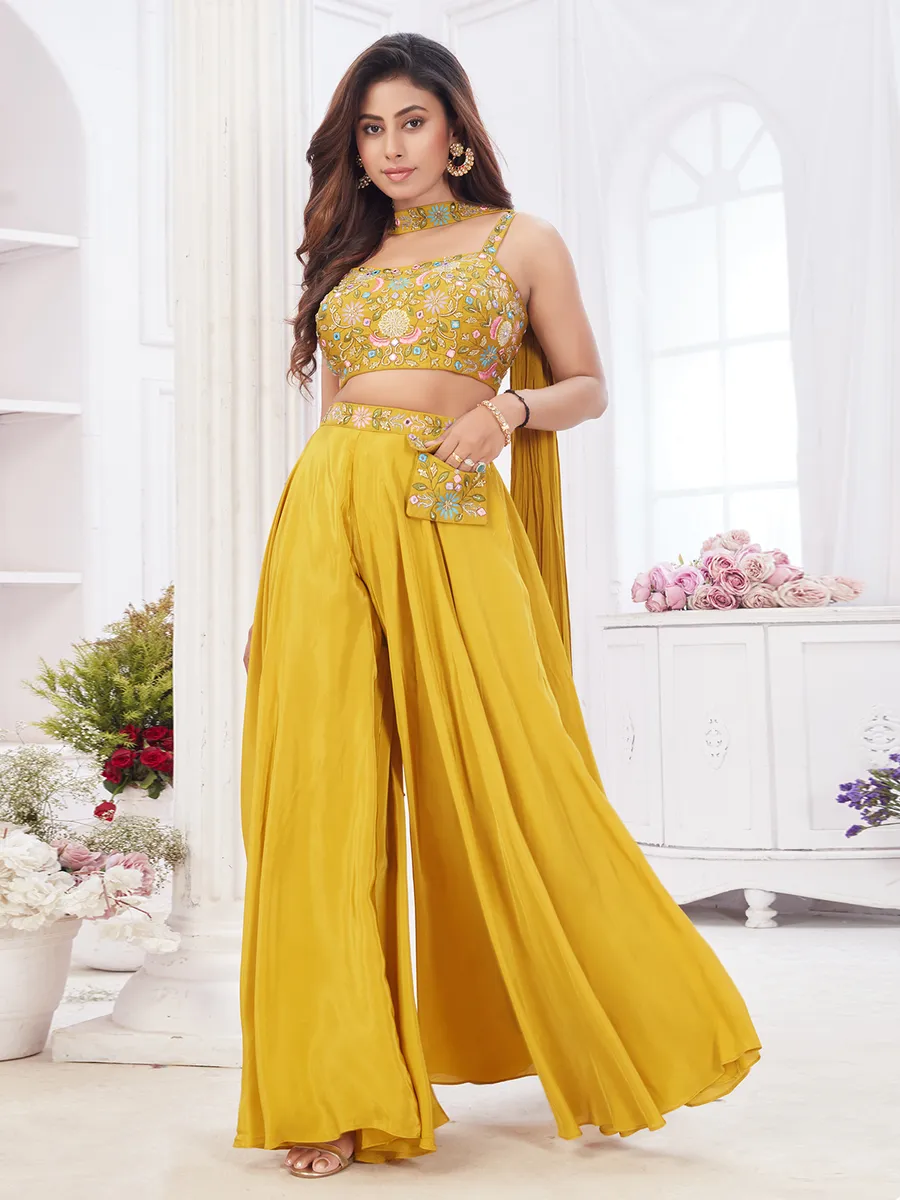 Yellow crop top style palazzo suit with dupatta G3 WSS41283