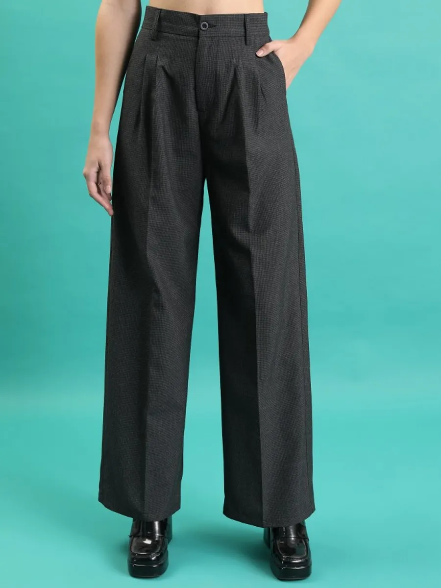 Buy Tokyo Talkies Charcoal Solid Wide Leg Casual Trouser Online
