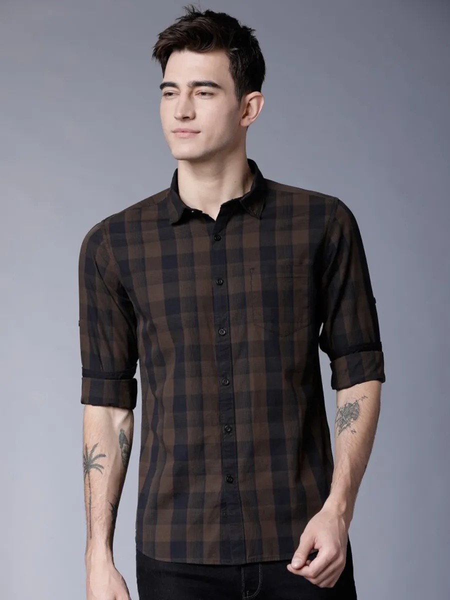 Buy Highlander Brown/Black Slim Fit Checked Casual Shirt for Men