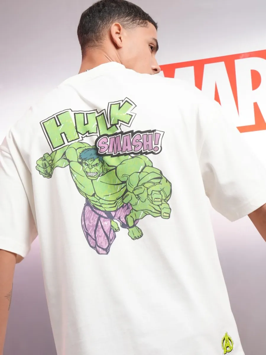 Marvel By Highlander Men Off White Hulk Printed Round Neck