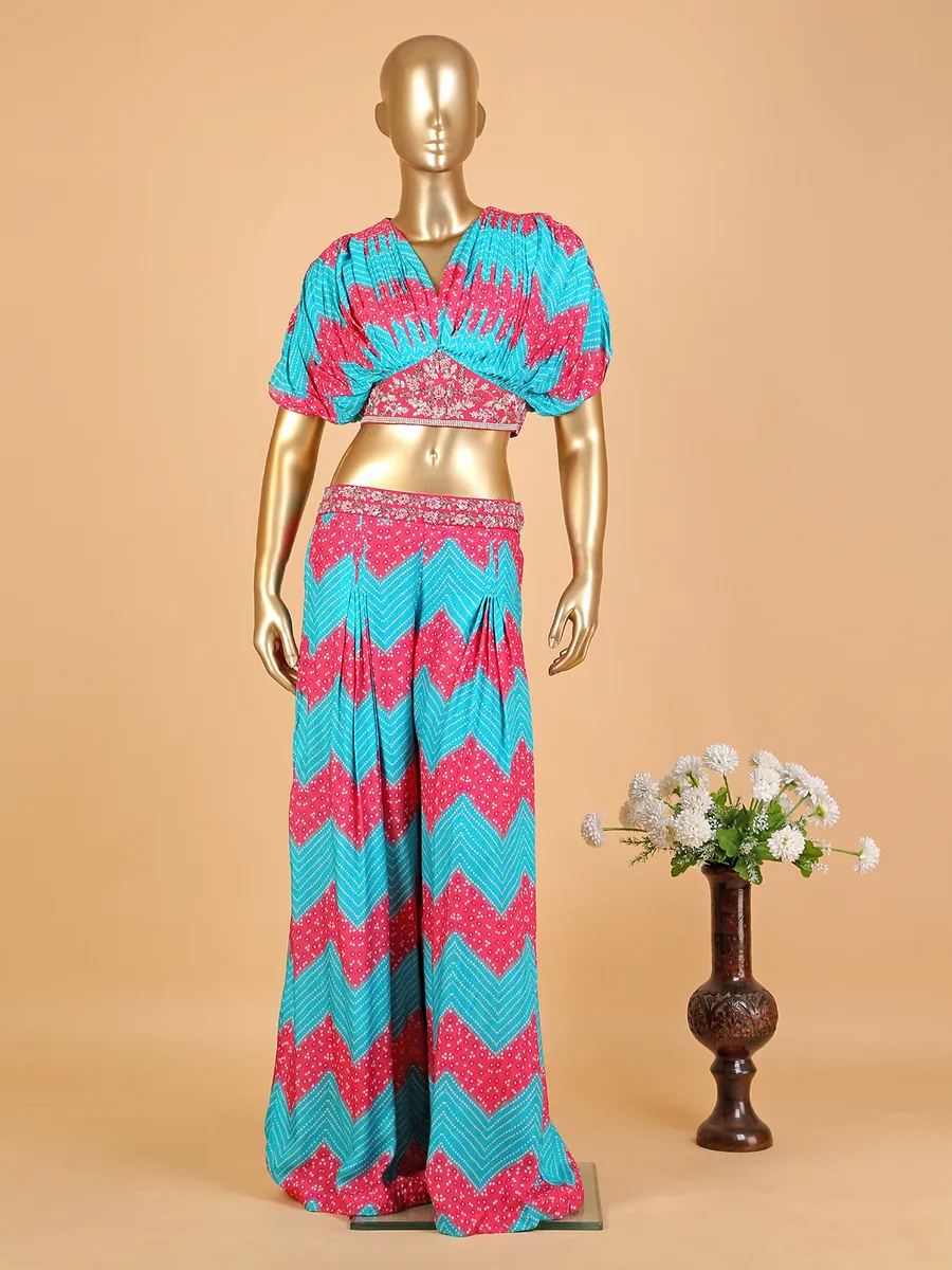 Aqua and pink printed silk co-ord set