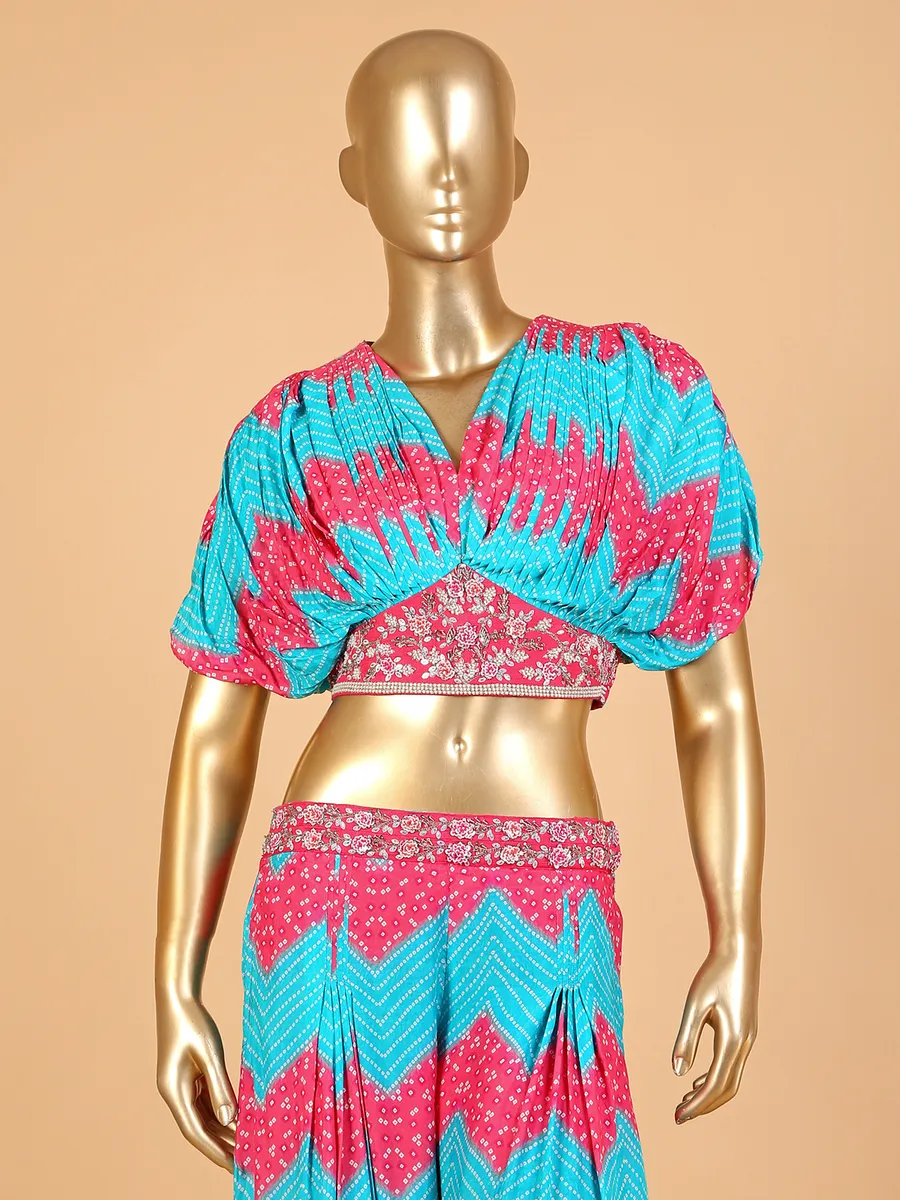 Aqua and pink printed silk co-ord set