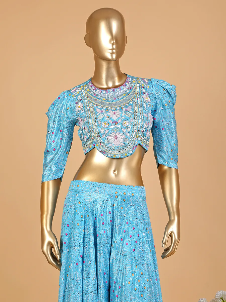 Aqua satin printed palazzo suit