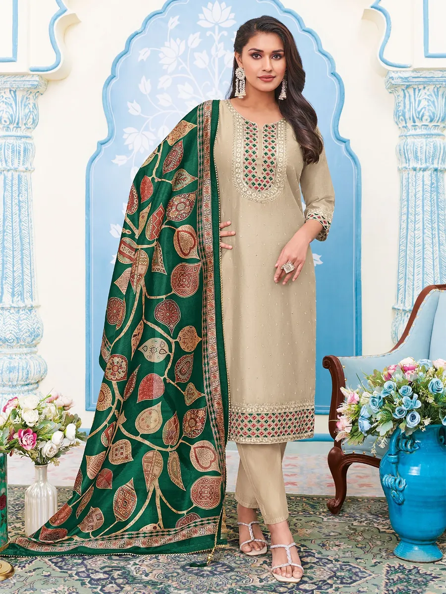Beige salwar suit with printed contrast dupatta