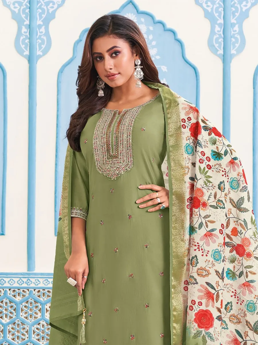 Green salwar suit with floral print dupatta