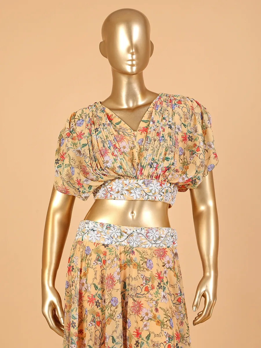 Light yellow floral print georgette co-ord set