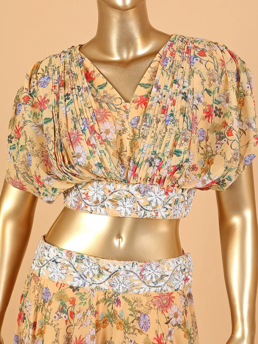 Light yellow floral print georgette co-ord set