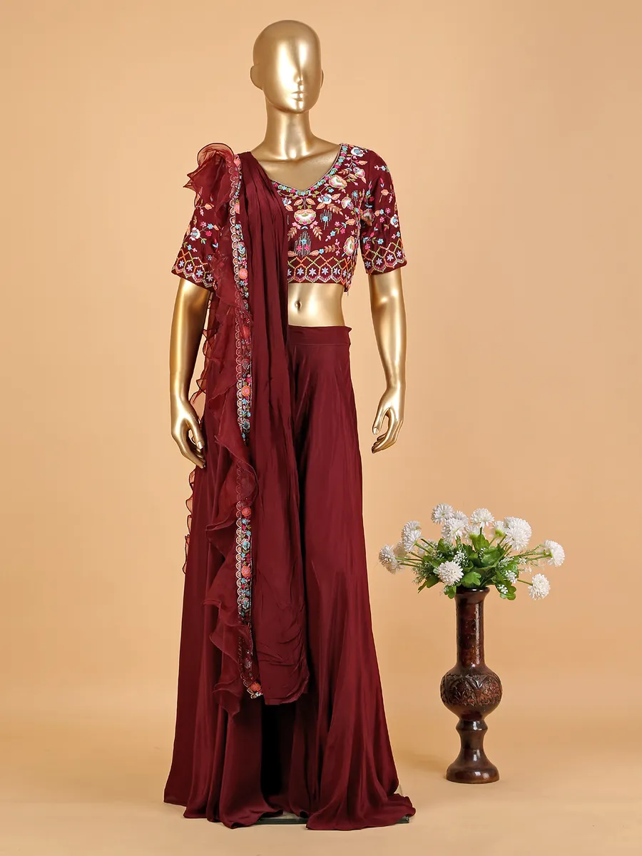 Maroon silk palazzo suit with ruffle dupatta