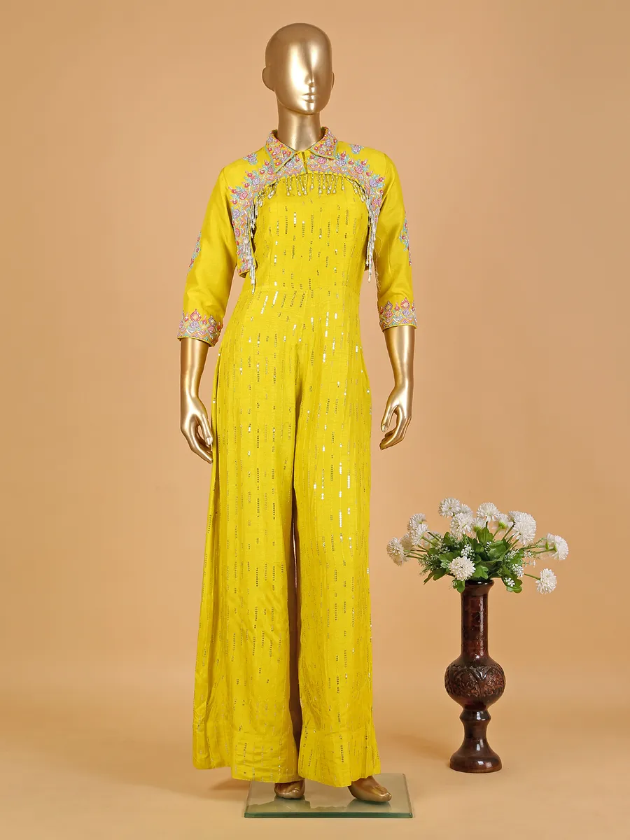 Yellow raw silk jacket style jumpsuit