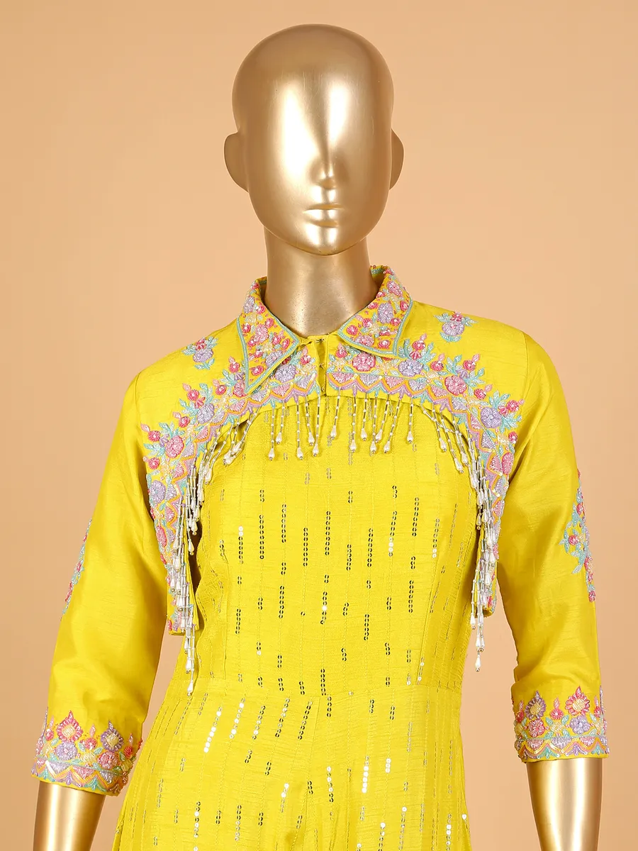 Yellow raw silk jacket style jumpsuit