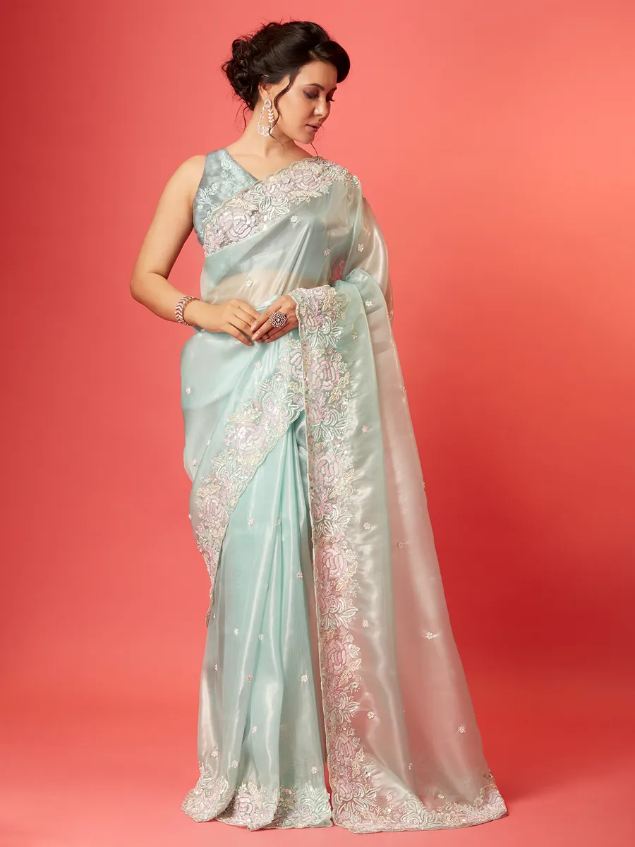 Beautiful sky blue soft organza saree