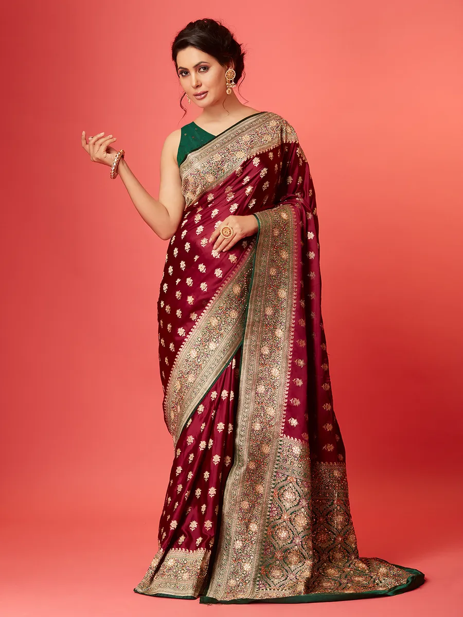 Classic maroon silk saree with contrast border