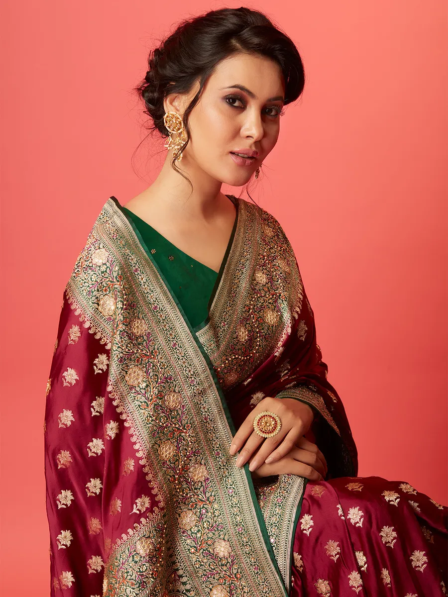 Classic maroon silk saree with contrast border