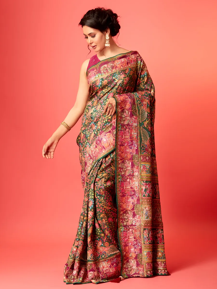 Dark green pashmina silk printed saree