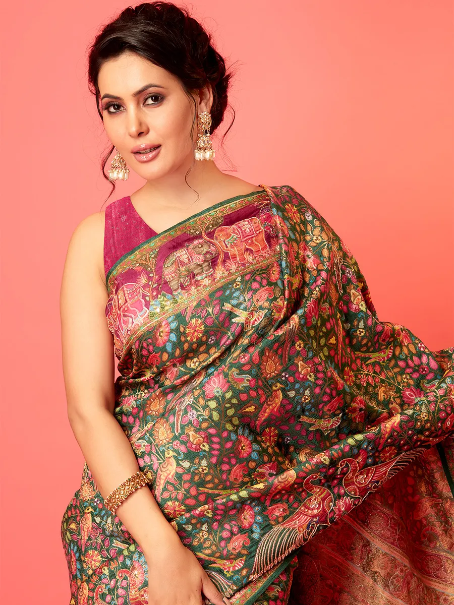 Dark green pashmina silk printed saree