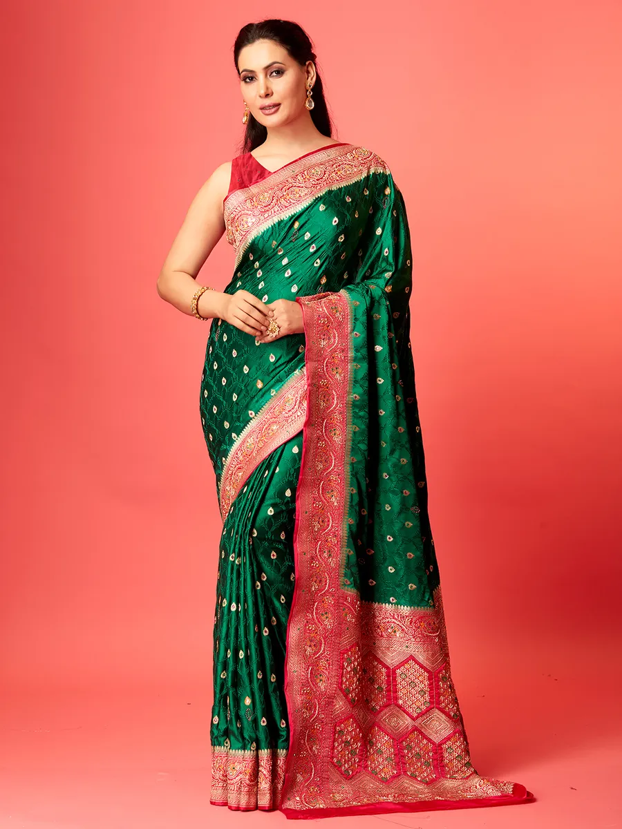 Dark green silk contrast border saree