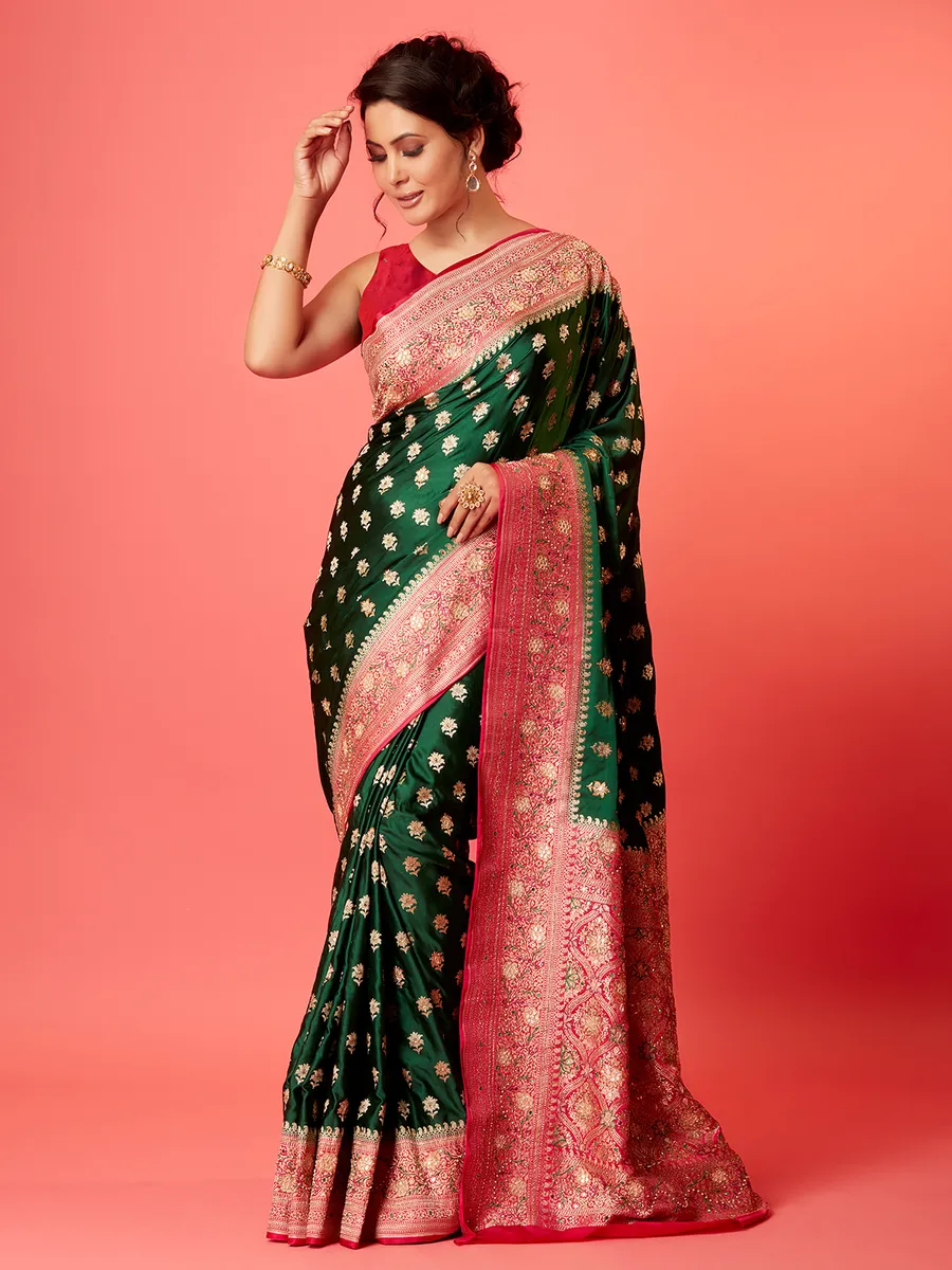 Elegant dark green silk zari saree