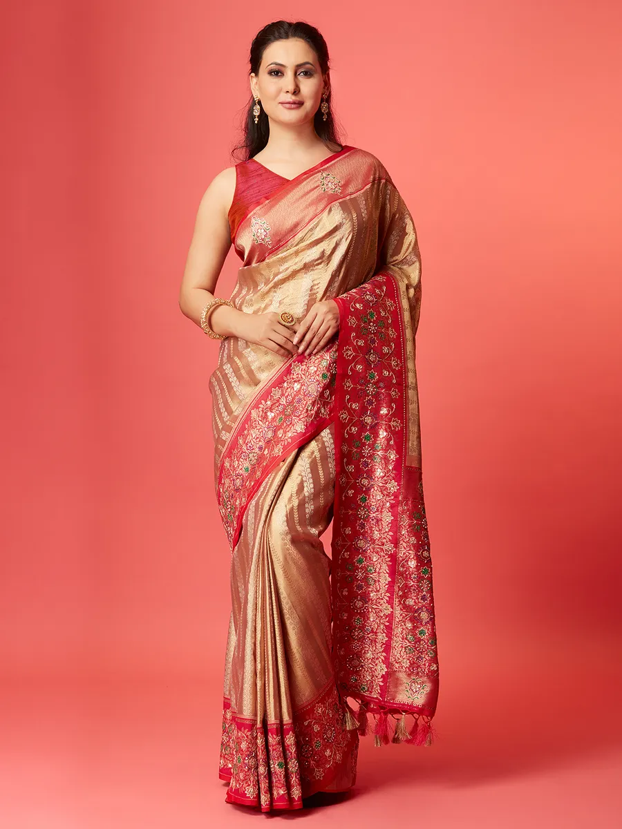 Fawn beige silk zari weaving saree