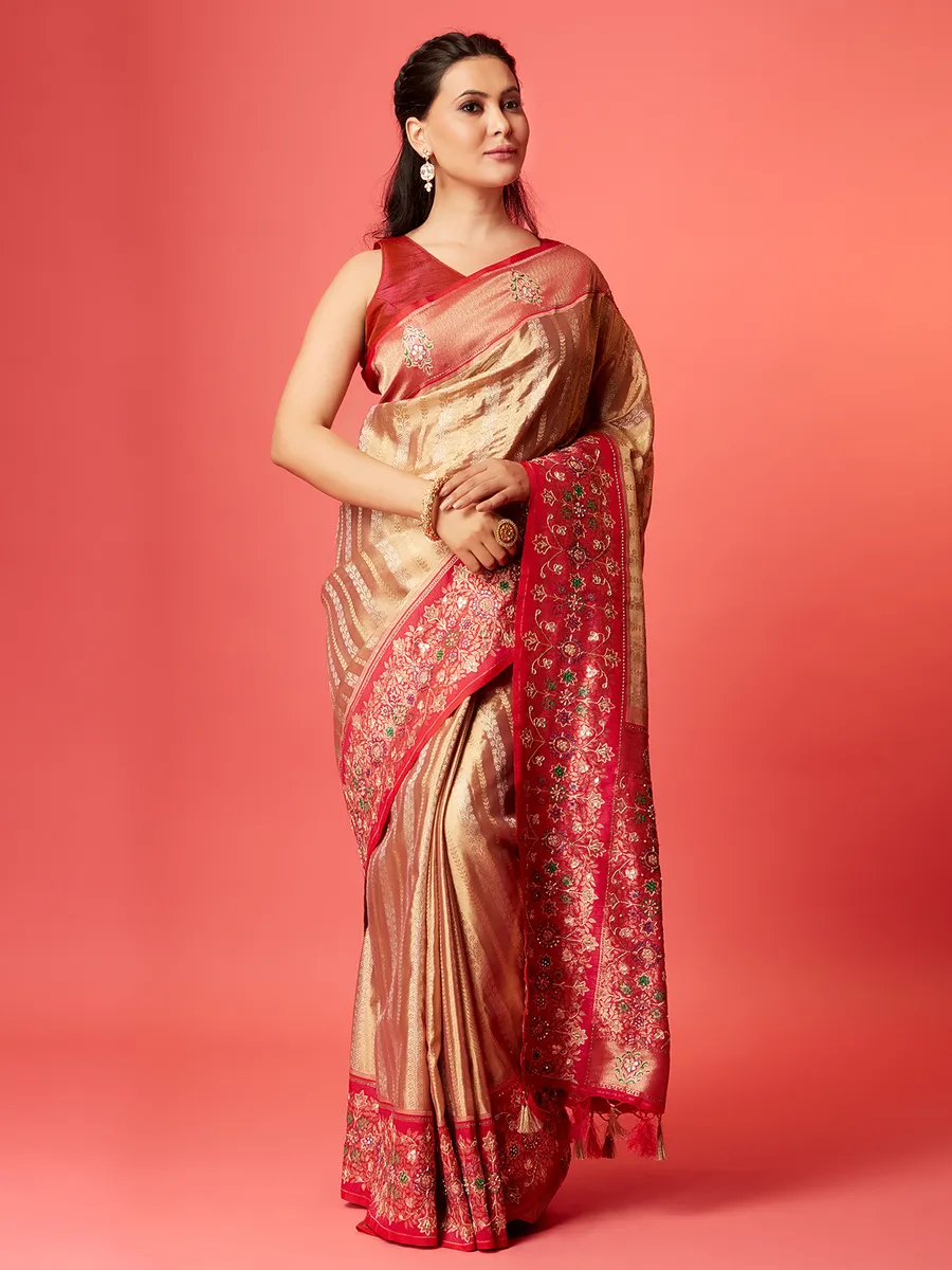 Fawn beige silk zari weaving saree