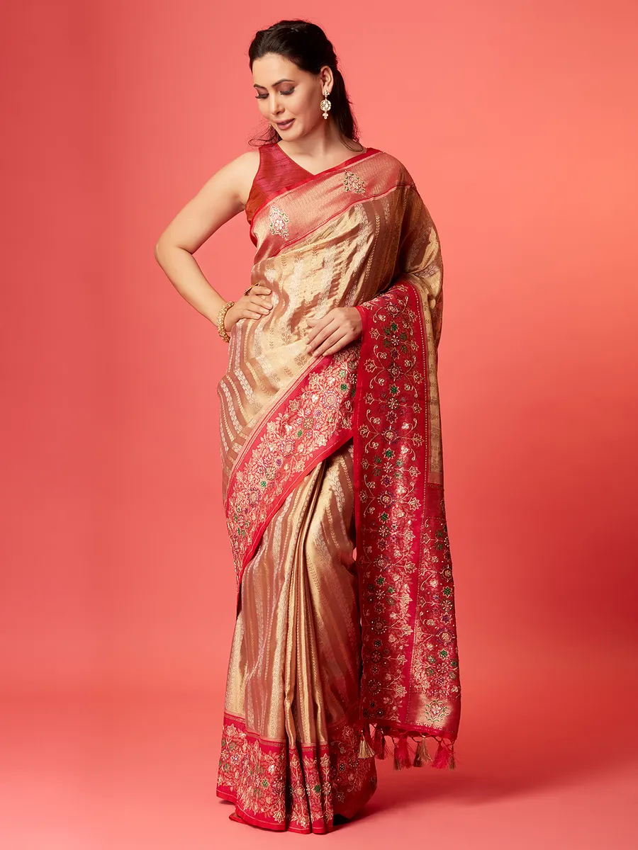 Fawn beige silk zari weaving saree