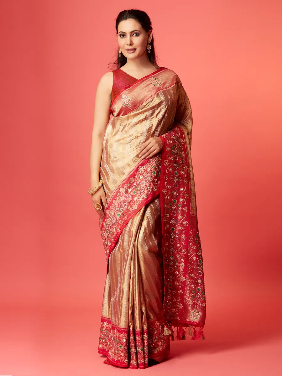 Fawn beige silk zari weaving saree