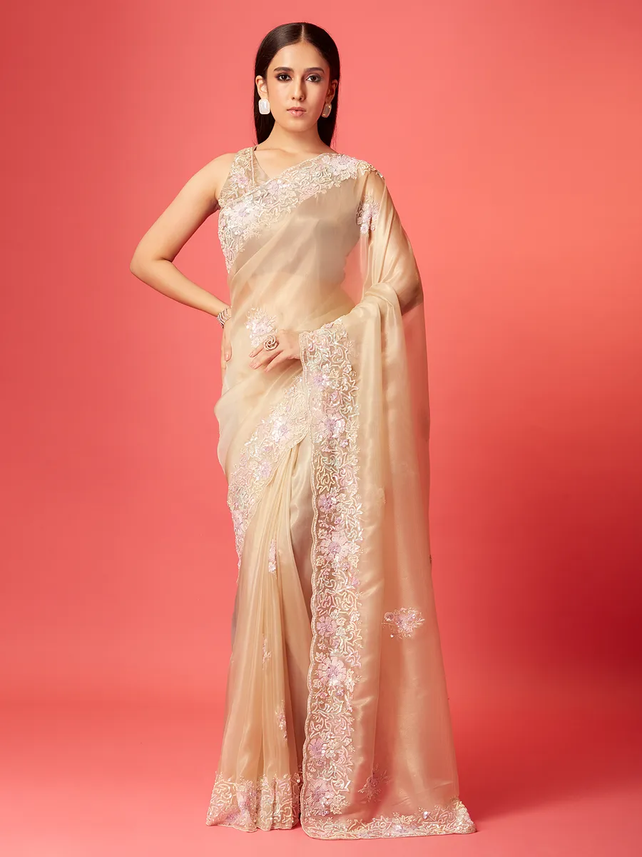 Light peach soft organza saree