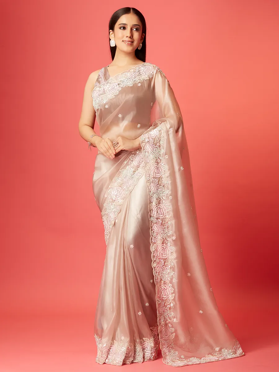 Light Onion Pink soft organza saree